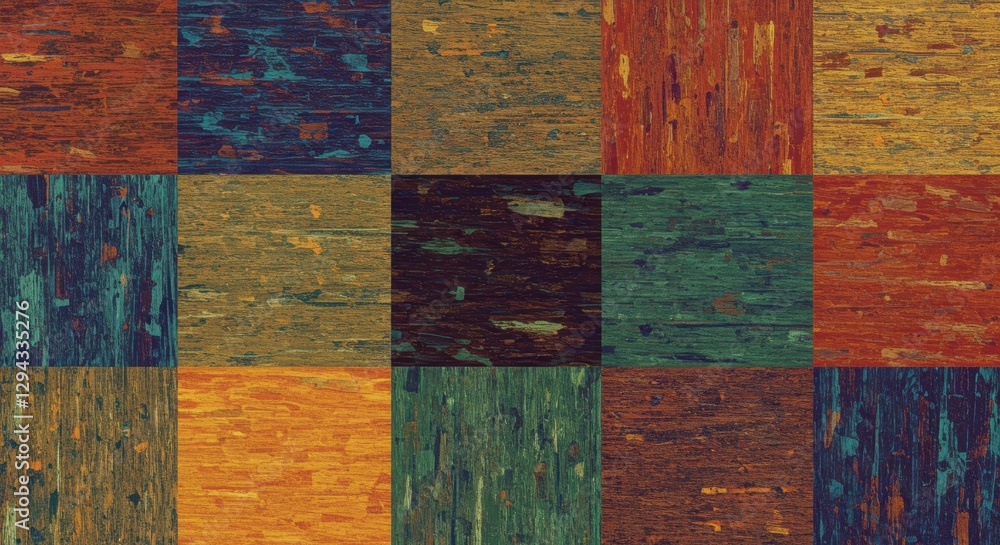 Poster vibrant multicolored wooden texture grid with abstract patterns