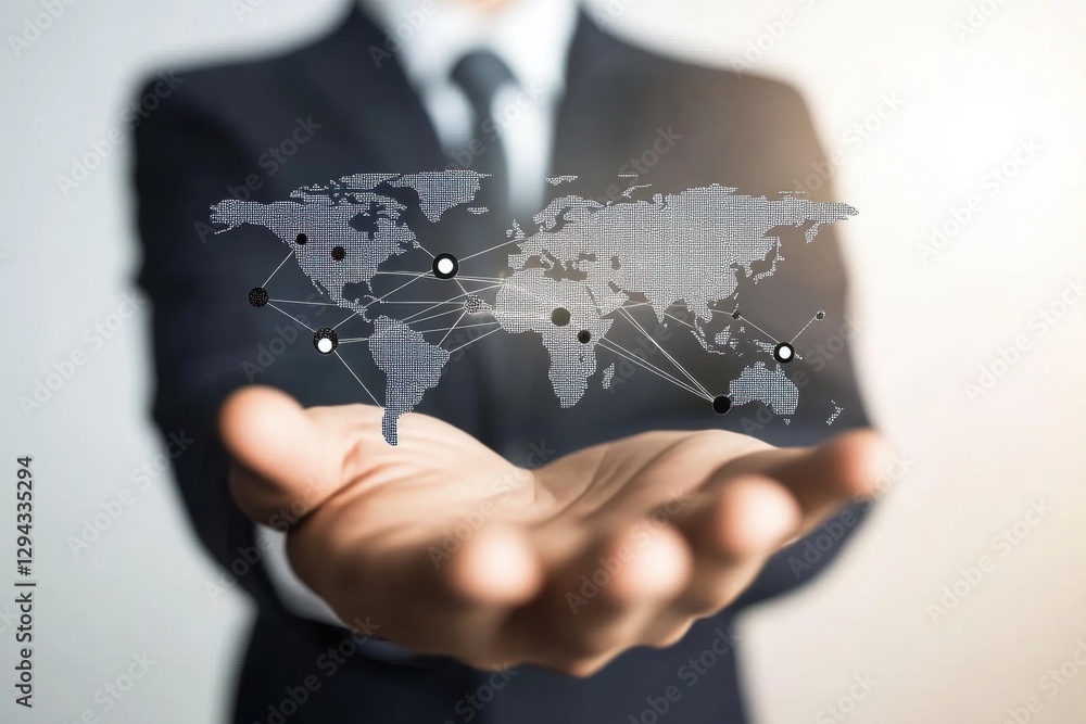 Poster a businessman holding out his hand, with a world map and network connections floating above it gener