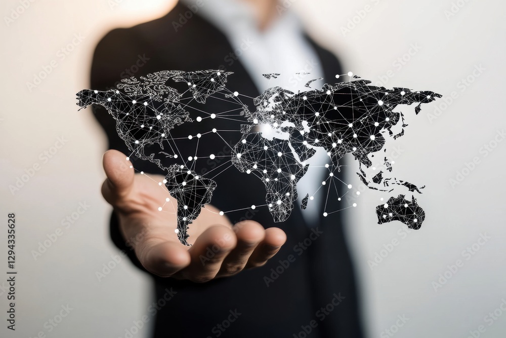 Poster a businessman holding out his hand, with a world map made of interconnected black dots and lines in 