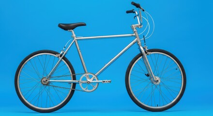 Fototapeta premium Sleek silver bicycle against bright blue background for modern transportation concepts