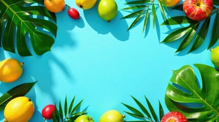 Vibrant Summer Fruits and Tropical Leaves Frame on a Bright Blue Background, Perfect for Seasonal Designs or Refreshing Content