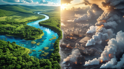 Contrast and division between exuberant nature and contaminated industrial landscape, ideal concept for projects on Earth Day