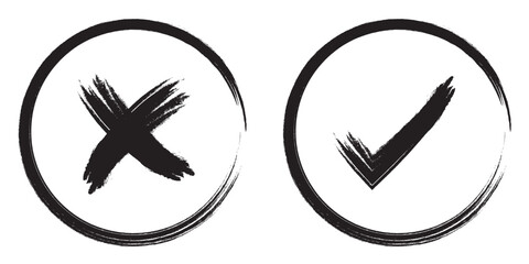 Dirty grunge hand drawn check mark and cross. Brush strokes cross X and tick OK check marks _ stock vector. © ISHWARAN