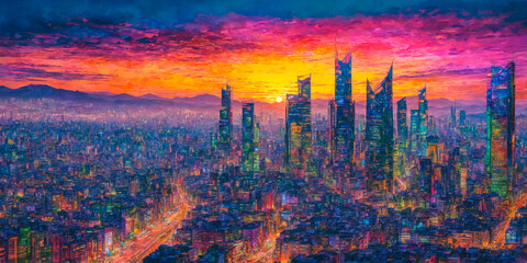 Vibrant Sunset Over Futuristic Cityscape.