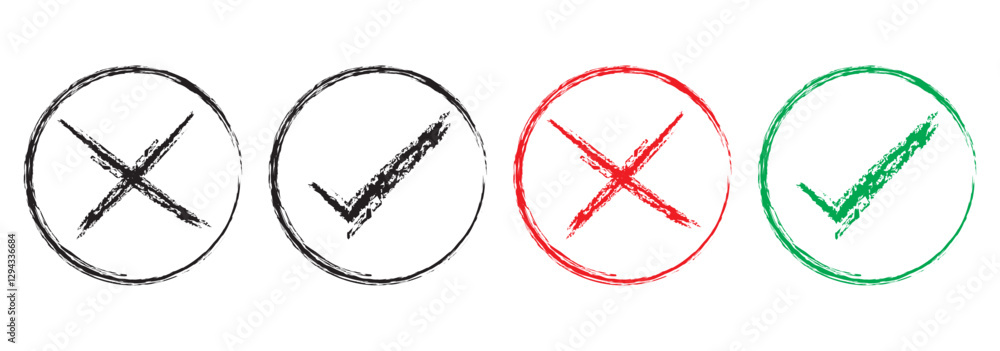 Poster vector set of check marks and cross marks in hand drawn brush style