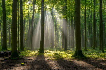 Obraz premium Sunbeams illuminate the misty forest, creating a serene and mystical atmosphere