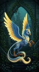 Obraz premium Majestic gryphon with golden wings in enchanted forest ruins