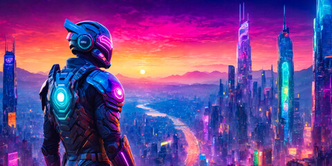 Fototapeta premium Futuristic Cityscape with Cyborg at Sunset.