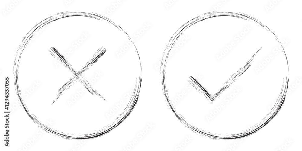 Poster vector set of check marks and cross marks in hand drawn brush style