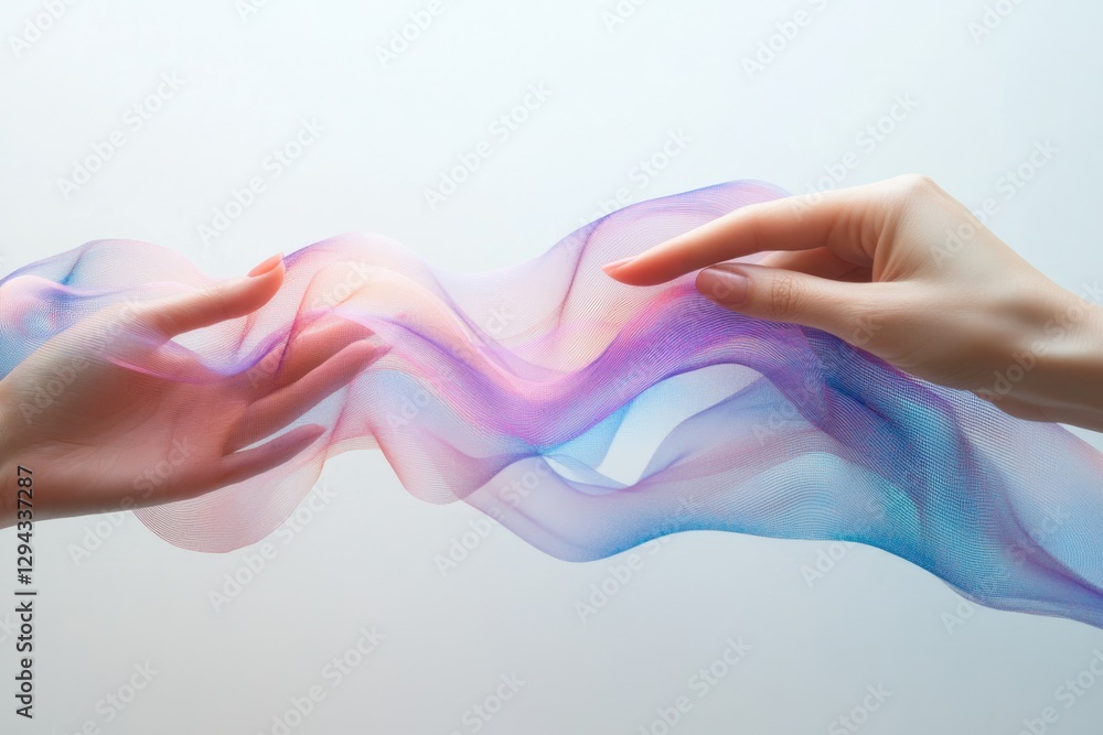 Poster two hands gently interact with a flowing, multicolored fabric, creating a serene and ethereal image.
