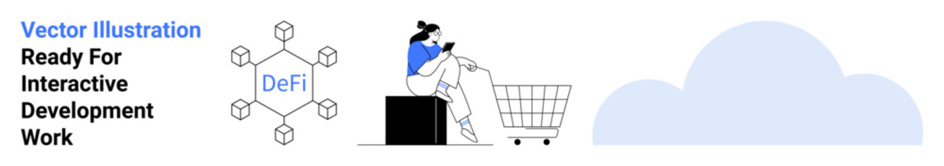 Blockchain network with DeFi label, person interacting with an online cart, and cloud icon. Ideal for fintech, e-commerce, cloud services, automation, technology innovation data management. Flat
