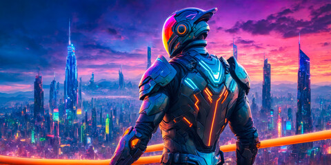 Futuristic Cityscape at Sunset with Armored Figure