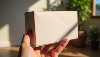 Obraz premium A natural brown kraft box held in hand at an artistic angle with warm lighting. Ideal for eco-conscious branding and sustainable packaging design presentations.