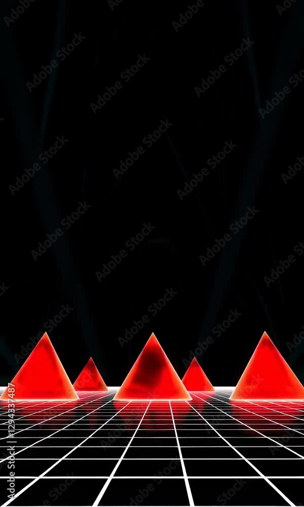 Poster dynamic red pyramids on grid with pulsating light beams in futuristic digital landscape