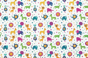 Colorful repeating pattern of cute cartoon animals and flowers on white background.