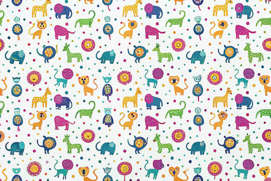 Fototapeta Colorful repeating pattern of cute cartoon animals and flowers on white background.