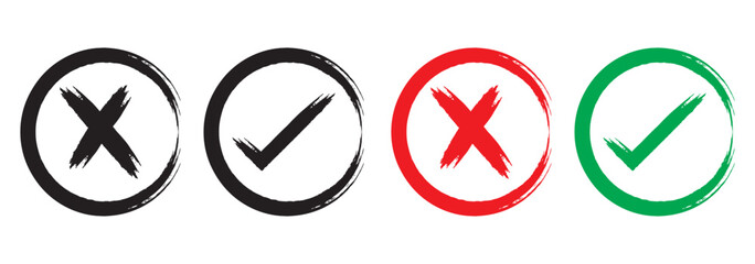 Check marks doodle set. Voting elements. Yes or no signs and square, rectangular or round checkbox for handdrawn choice. Green and red charcoal pencil correct or incorrect symbols. Vector illustration