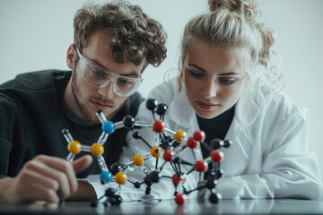 Two young scientists meticulously examine a molecular model, engrossed in scientific research and discovery.