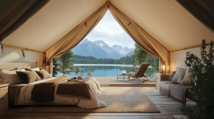 Fototapeta premium Interior of a gazebo glamping outdoor adventure tent with bed, pillows and chairs near a lake. 