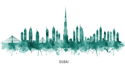 Fototapeta premium Artistic green watercolor silhouette of dubai skyline with iconic skyscrapers