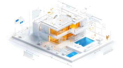 Highly detailed 3D isometric blueprint of a sustainable smart home integrating wind solar and geothermal energy systems for a futuristic eco friendly design