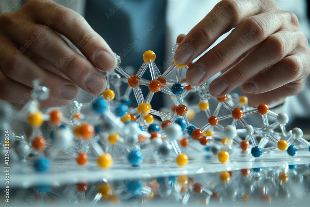 Poster hands carefully constructing a complex molecular model, representing scientific research and innovat