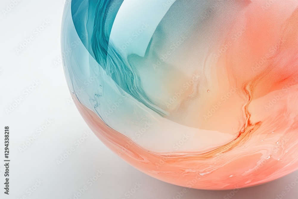 Poster abstract art of a sphere with teal and coral paint swirls, creating a mesmerizing blend of colors.