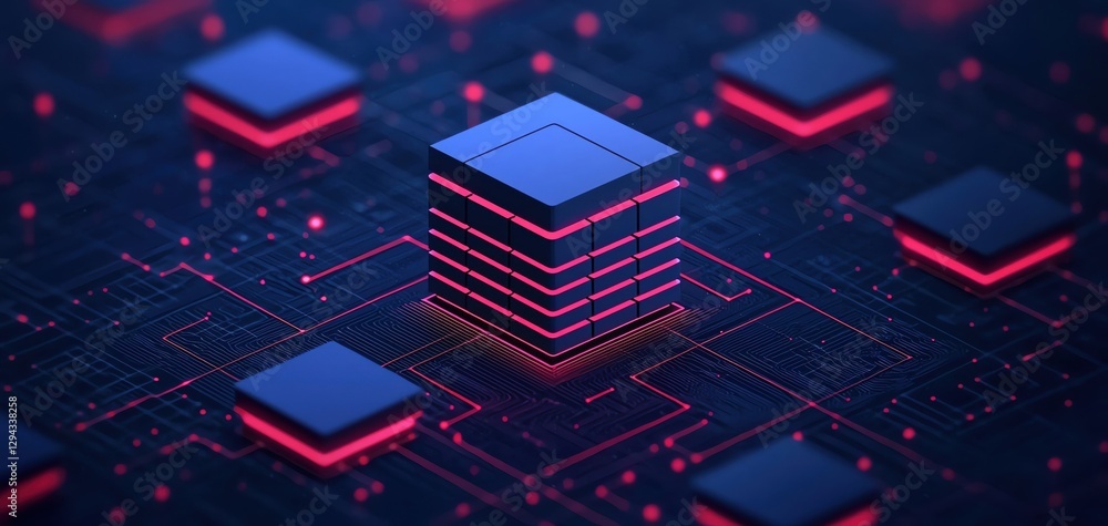 Aufkleber futuristic digital circuit design with neon elements and stacked processors.