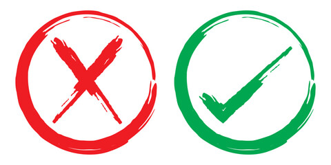 check mark, tick mark, and cross brush sign red checkmark and red X icons, buttons for vote, election choice decision, web. © ISHWARAN