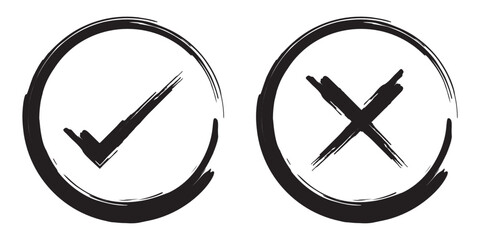 check mark, tick mark, and cross brush sign red checkmark and red X icons, buttons for vote, election choice decision, web. © ISHWARAN