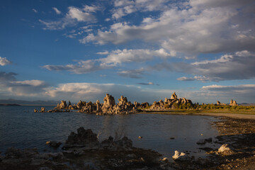 Afternoon sunset over rock formations in Mono Lake, California.