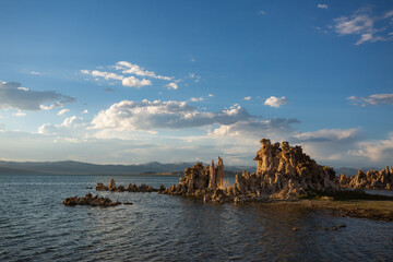 Afternoon sunset over rock formations in Mono Lake, California.