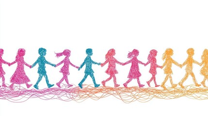 Children holding hands walking, colorful silhouettes, abstract background