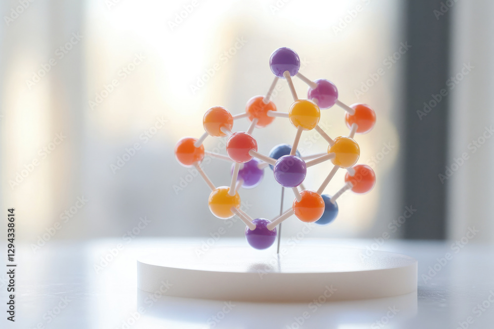 Poster a colorful molecular model illustrating complex chemical structures and bonds.