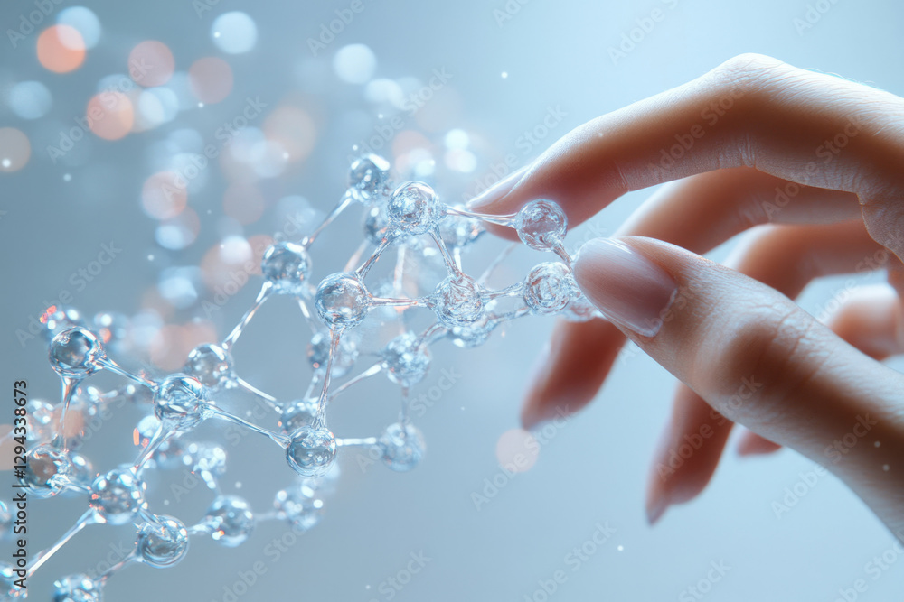 Poster a delicate hand gently interacts with a complex, translucent molecular structure, representing scien