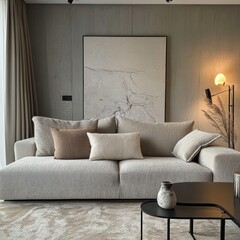 A modern minimalist living room with a gray sofa
