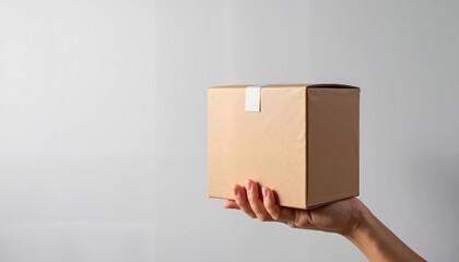 A small kraft shipping box held by a hand, displayed on a neutral background. Perfect for presenting product branding, packaging designs, and delivery concepts.