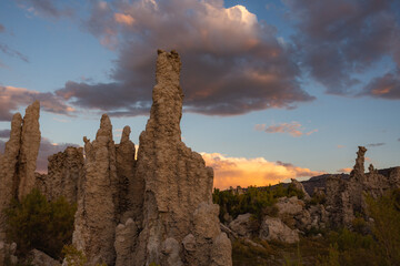 A brilliant sunset over rock formations in Mono Lake, California.
