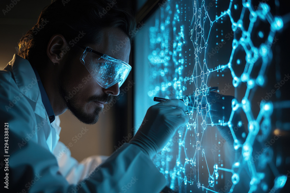Leinwandbilder A scientist in a lab coat uses a stylus to interact with a large interactive screen displaying a complex network.