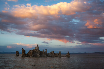 A brilliant sunset over rock formations in Mono Lake, California.