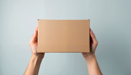 A person holding a natural brown cardboard box, ideal for branding, packaging design presentations, shipping, and e-commerce product showcases.

