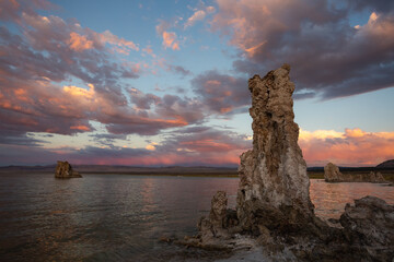 Pink skies over rock formations in Mono Lake, California.