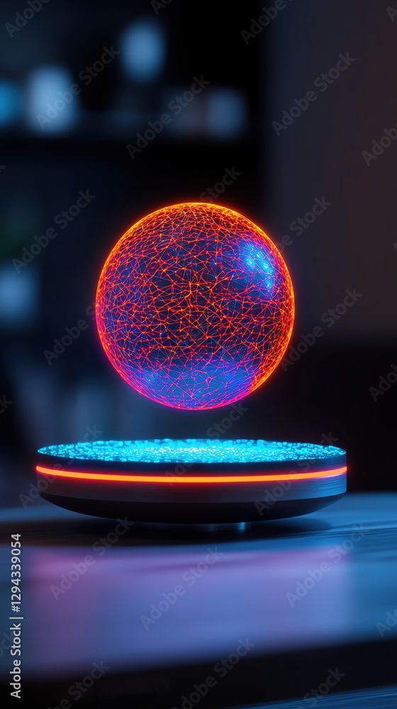 Poster futuristic floating sphere with glowing particles in a modern setting.