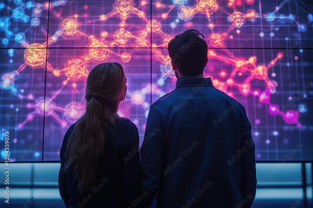 Poster A couple analyzes a vibrant network visualization on a large screen, exploring complex data connections.