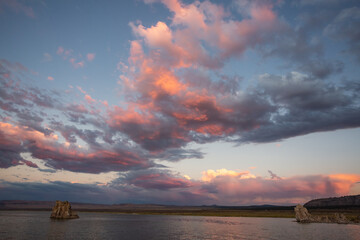 A brilliant sunset over rock formations in Mono Lake, California.