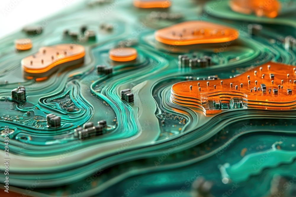 Poster abstract close-up of a circuit board with orange and teal layers, showcasing intricate design and te