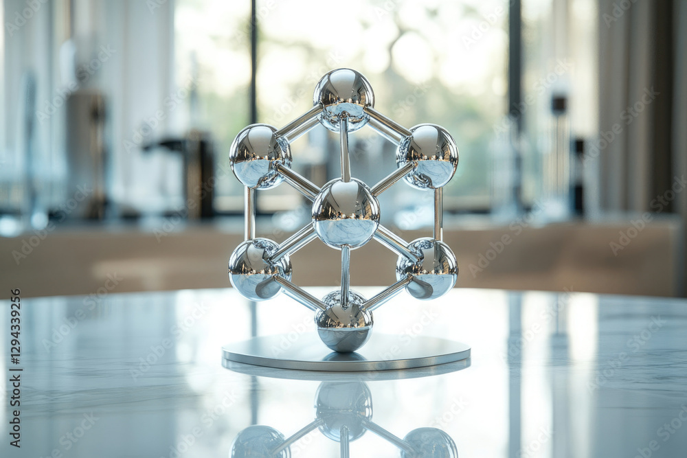 Poster a chrome molecular structure model sits on a marble table, reflecting light and showcasing intricate