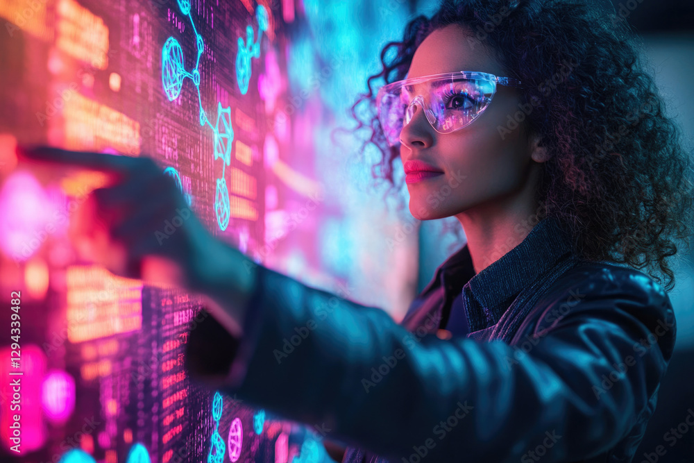 Poster A woman interacts with a futuristic holographic interface, exploring data visualizations and networks.