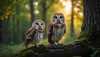 Serene owls perched on a tree in a peaceful forest setting with soft lighting