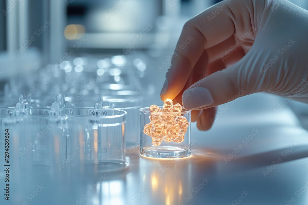Poster a gloved hand carefully places a glowing, crystalline structure into a small transparent container i